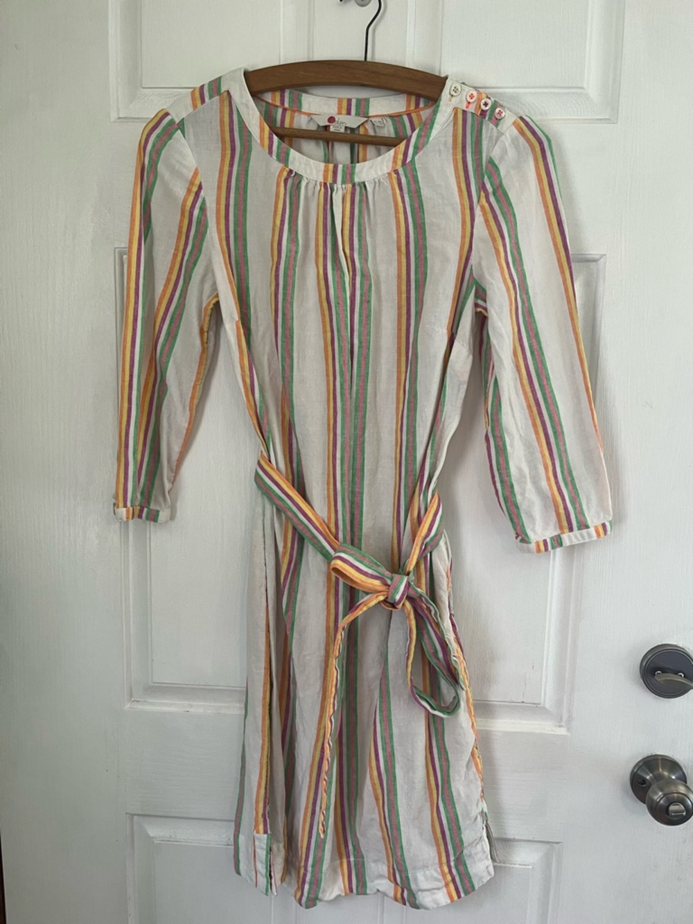 100% Linen Boden Multi-Stripe Tie-Waist Midi Dress